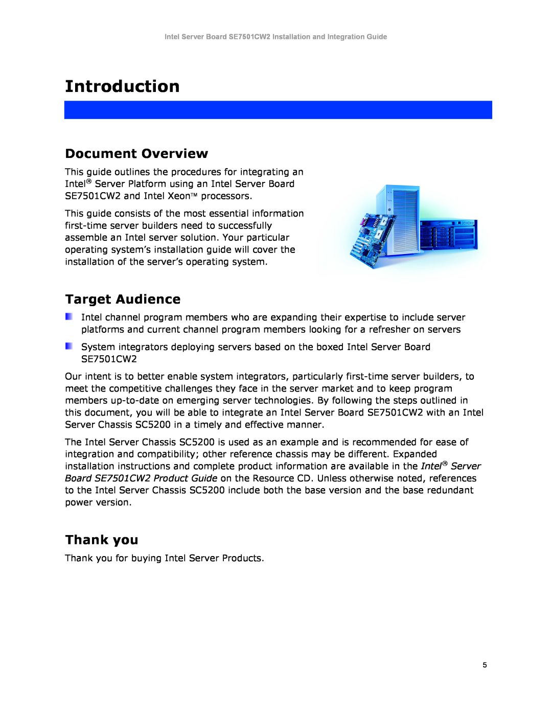 Intel SE7501CW2 manual Introduction, Document Overview, Target Audience, Thank you 