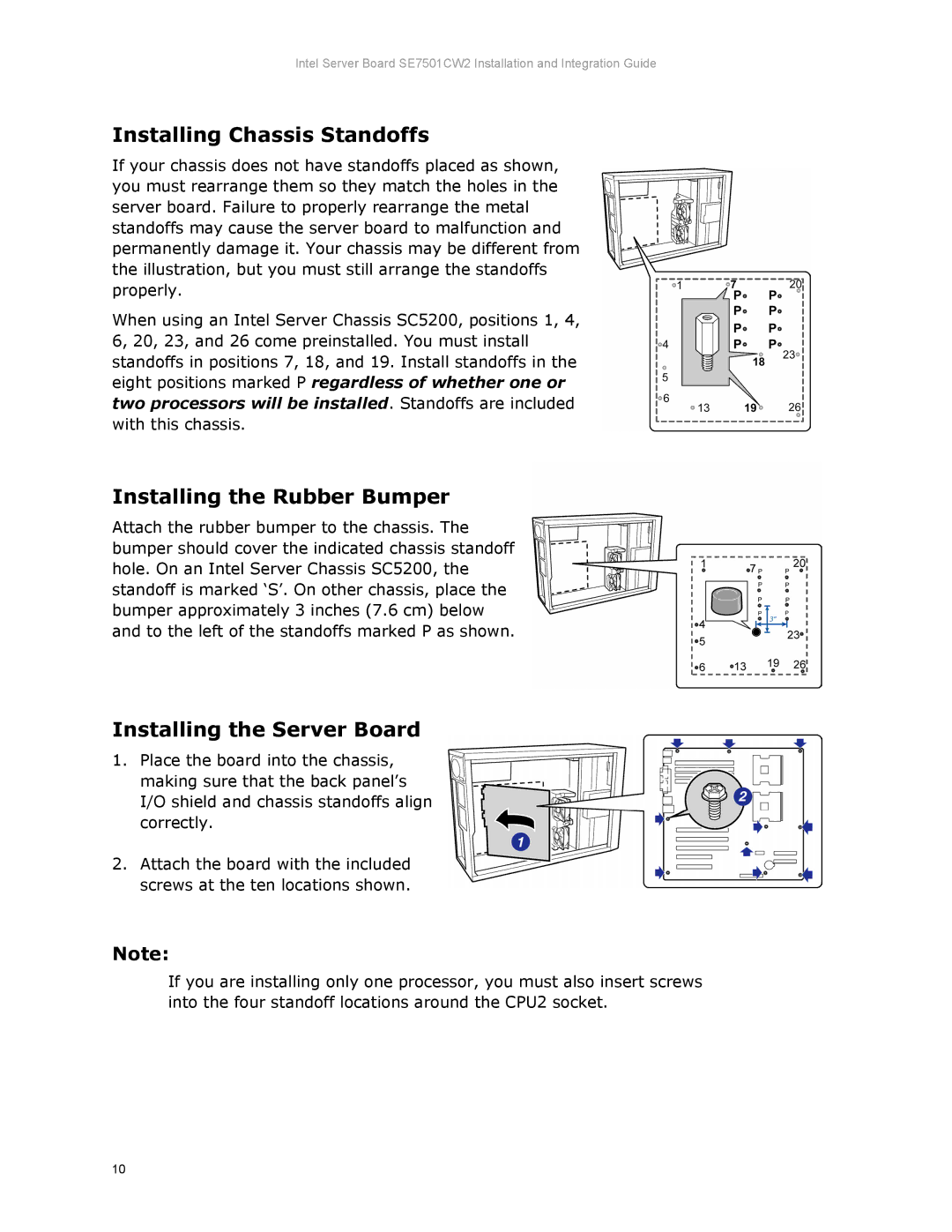 Intel SE7501CW2 manual Installing Chassis Standoffs, Installing the Rubber Bumper, Installing the Server Board 