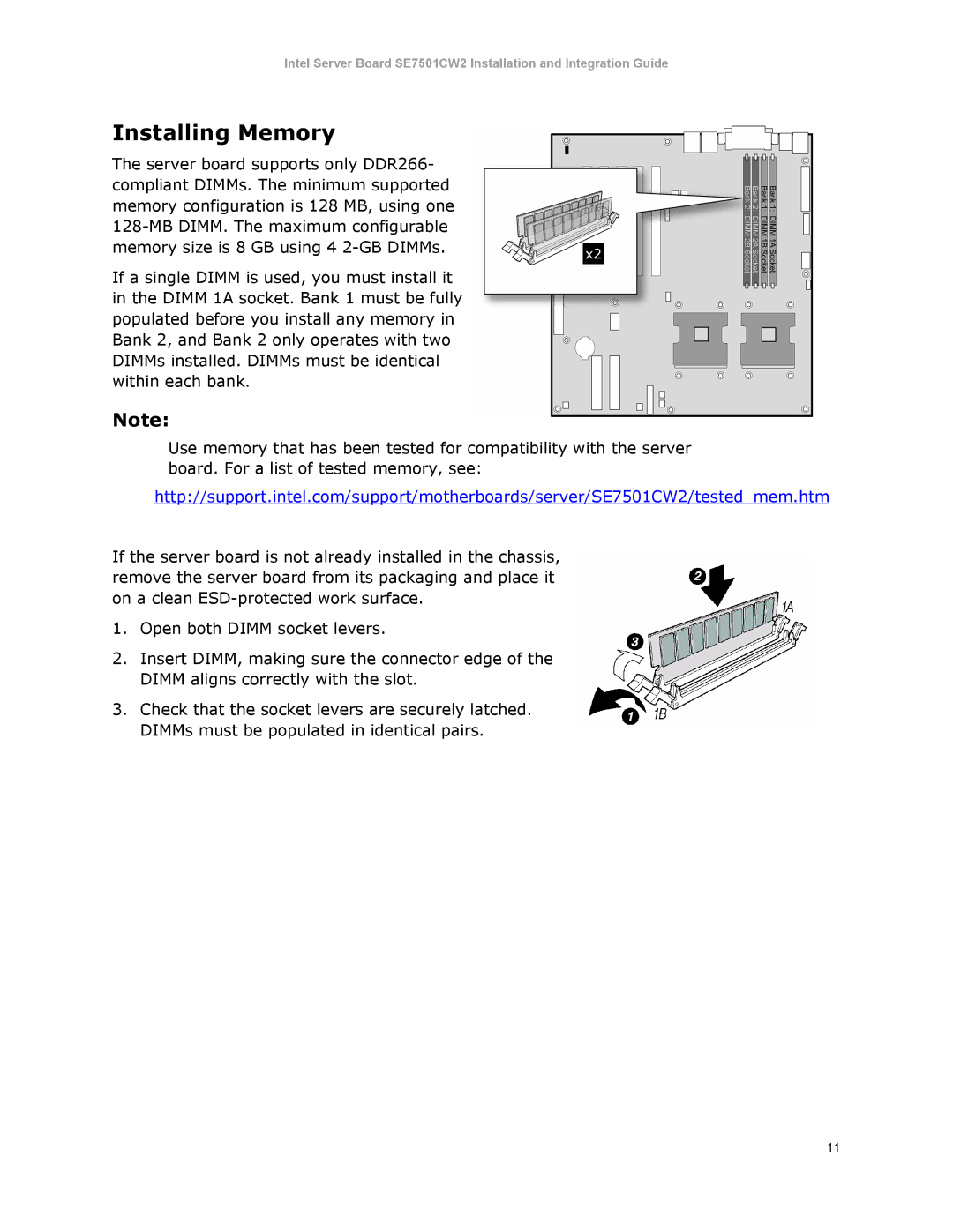 Intel SE7501CW2 manual Installing Memory 