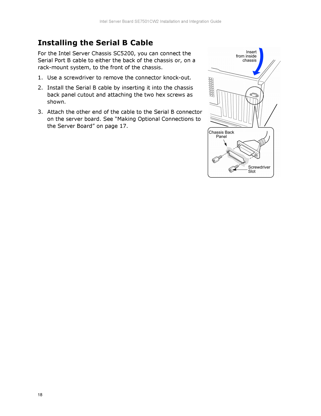 Intel SE7501CW2 manual Installing the Serial B Cable 