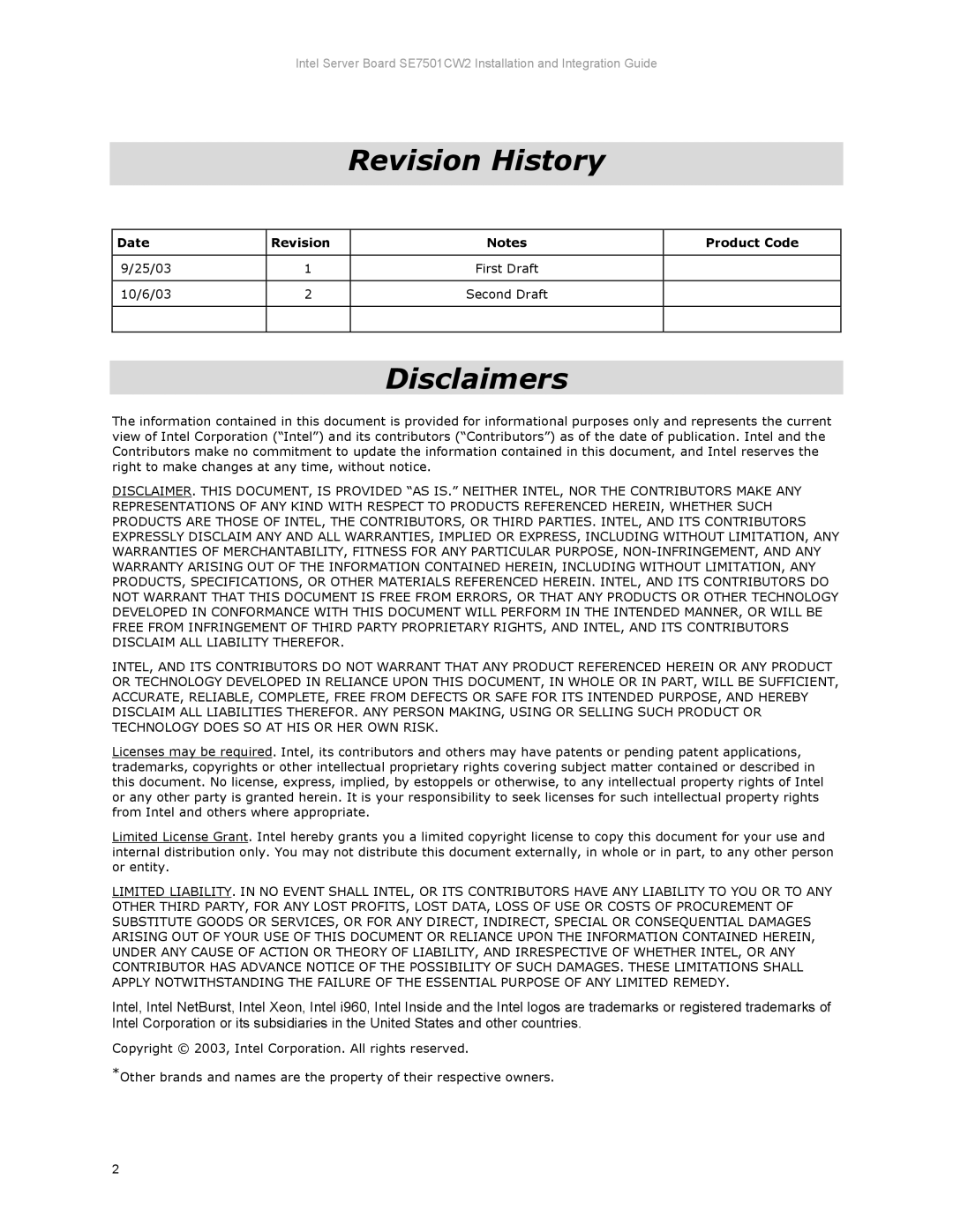 Intel SE7501CW2 manual Revision History 