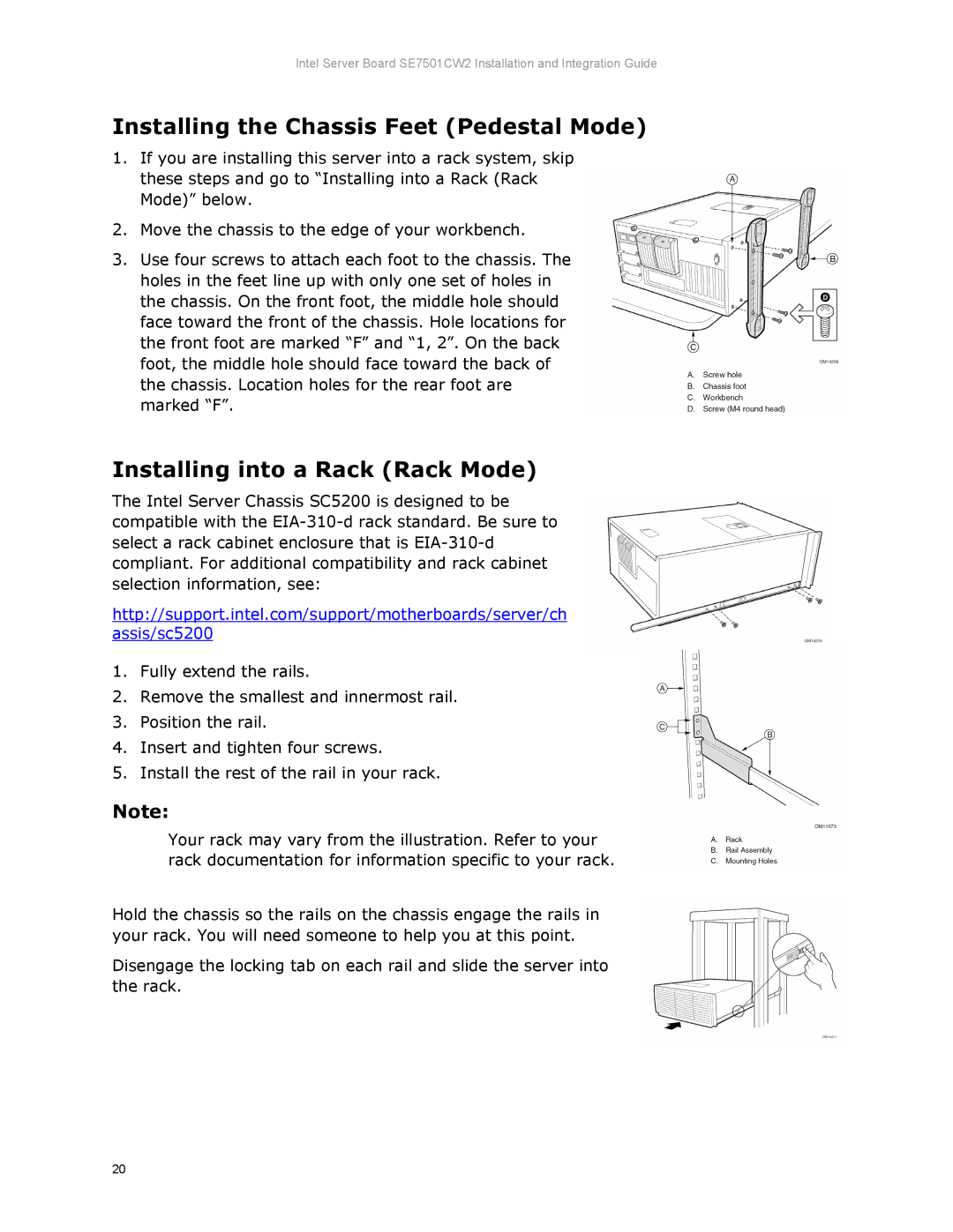 Intel SE7501CW2 manual Installing the Chassis Feet Pedestal Mode, Installing into a Rack Rack Mode 