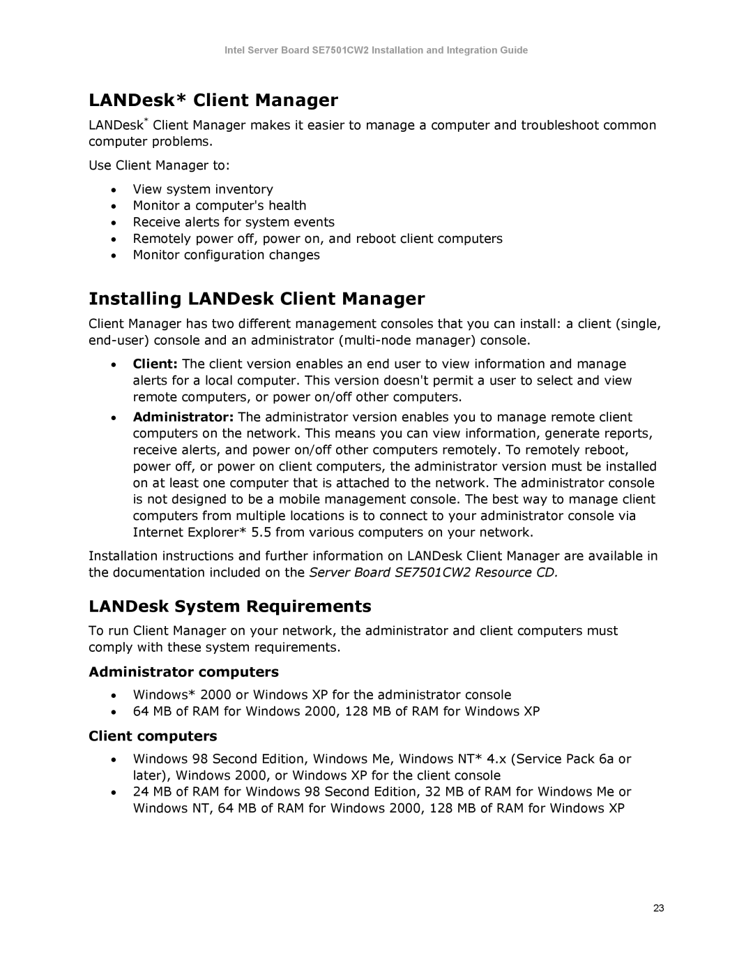 Intel SE7501CW2 manual LANDesk* Client Manager, Installing LANDesk Client Manager, LANDesk System Requirements 