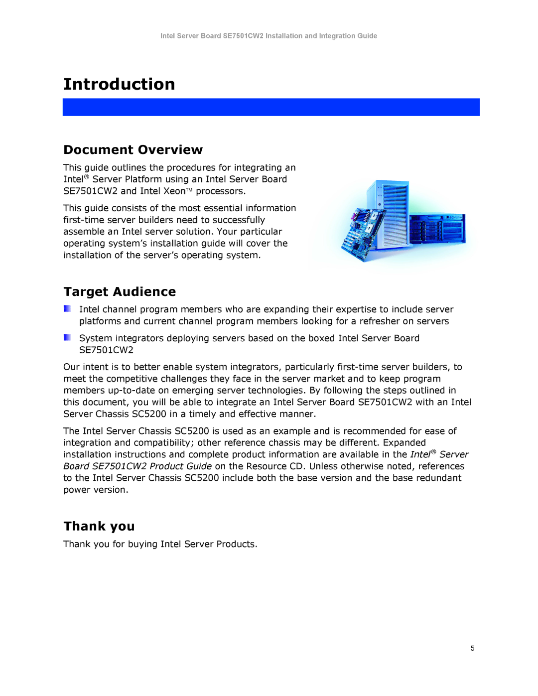 Intel SE7501CW2 manual Document Overview, Target Audience, Thank you 