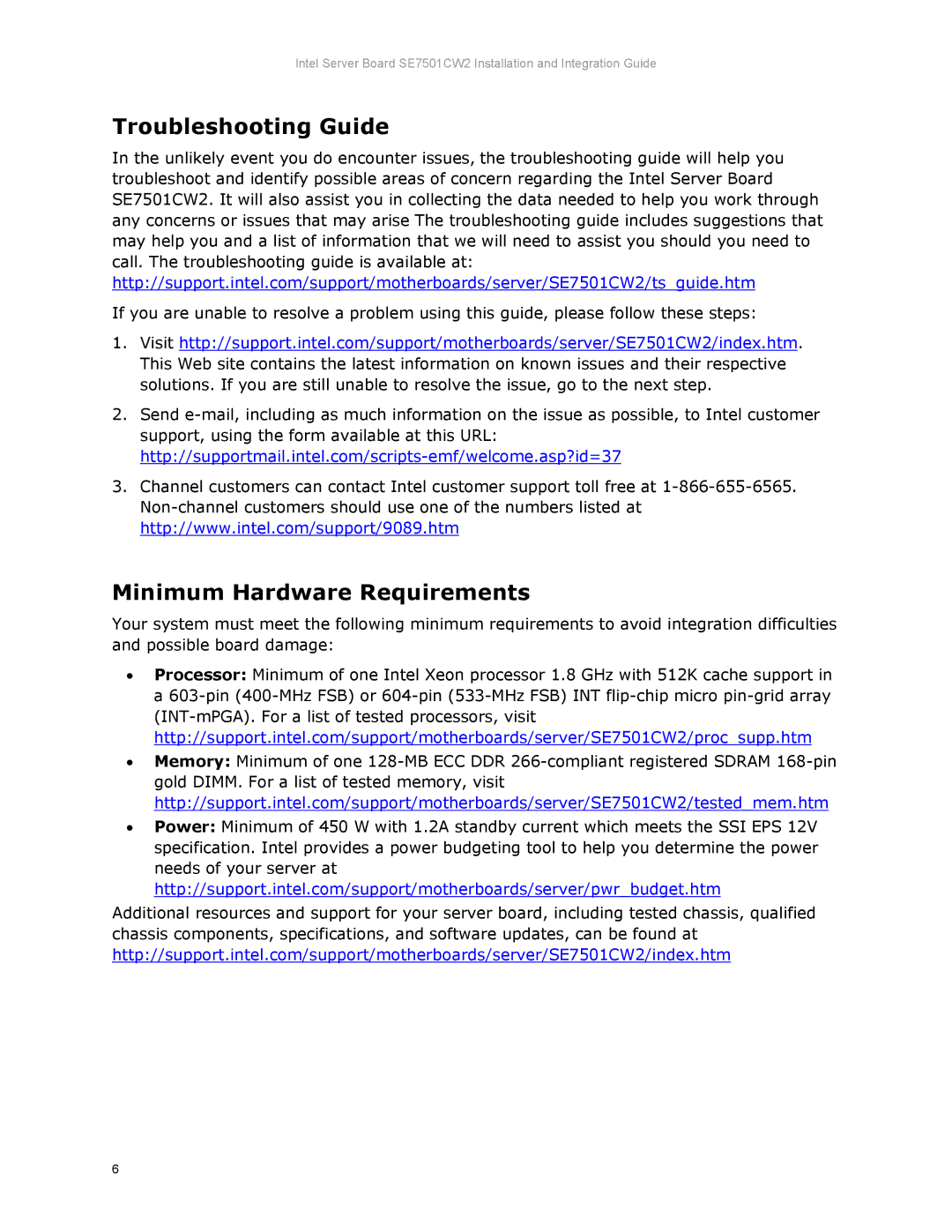 Intel SE7501CW2 manual Troubleshooting Guide, Minimum Hardware Requirements 