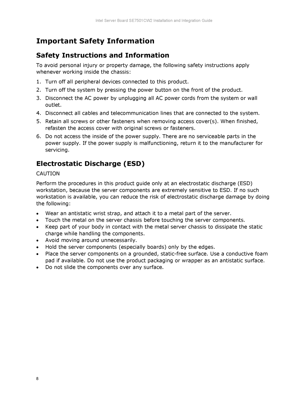 Intel SE7501CW2 manual Important Safety Information, Safety Instructions and Information, Electrostatic Discharge ESD 