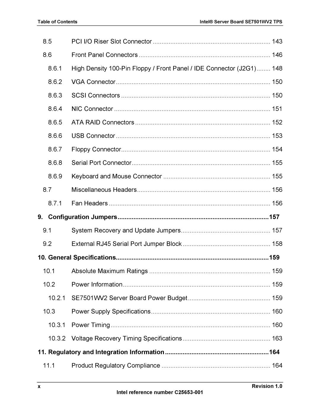 Intel SE7501WV2 manual Configuration Jumpers 157, General Specifications 159, 164, Regulatory and Integration Information 