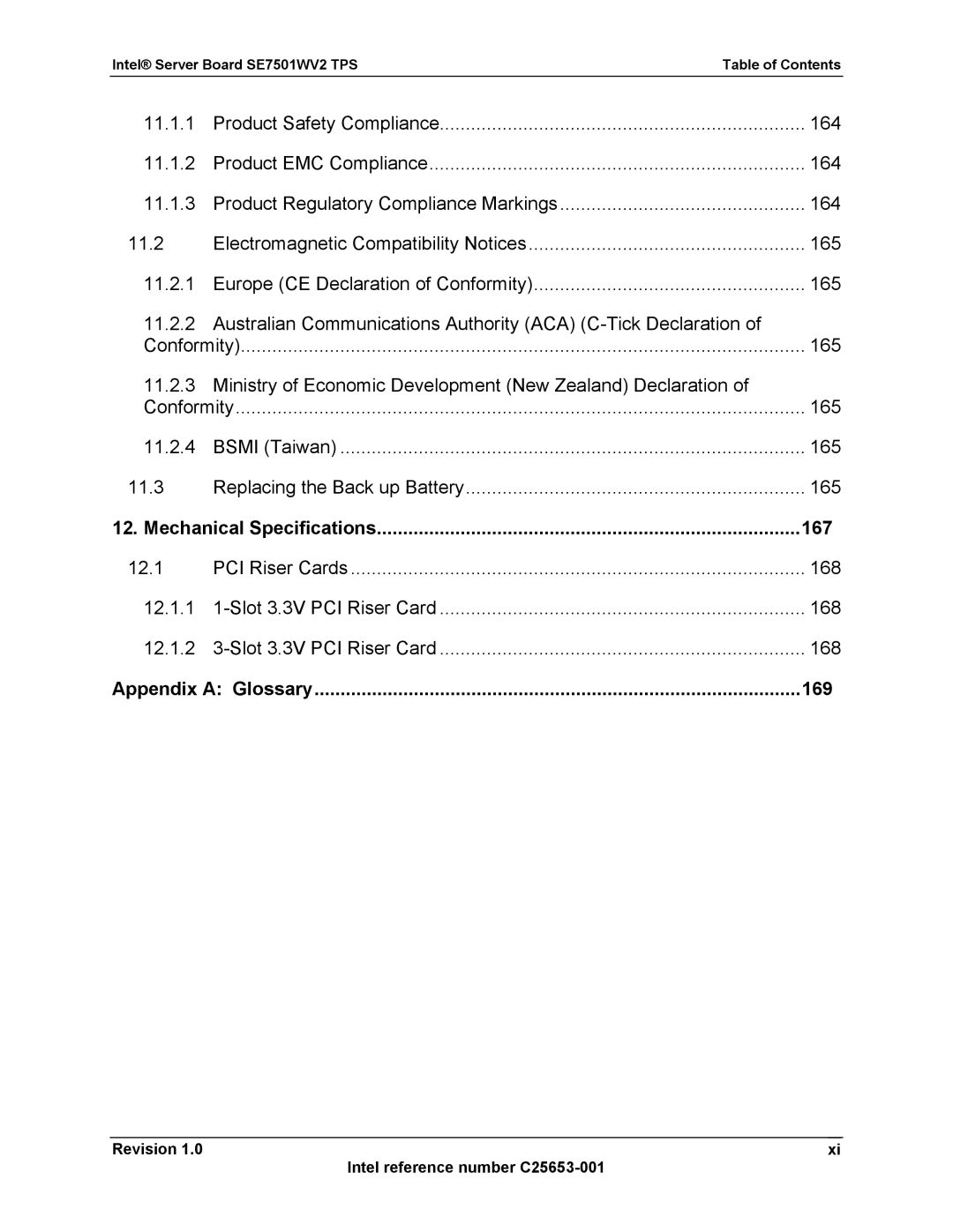 Intel SE7501WV2 manual 167, 169, Appendix a Glossary, Mechanical Specifications 