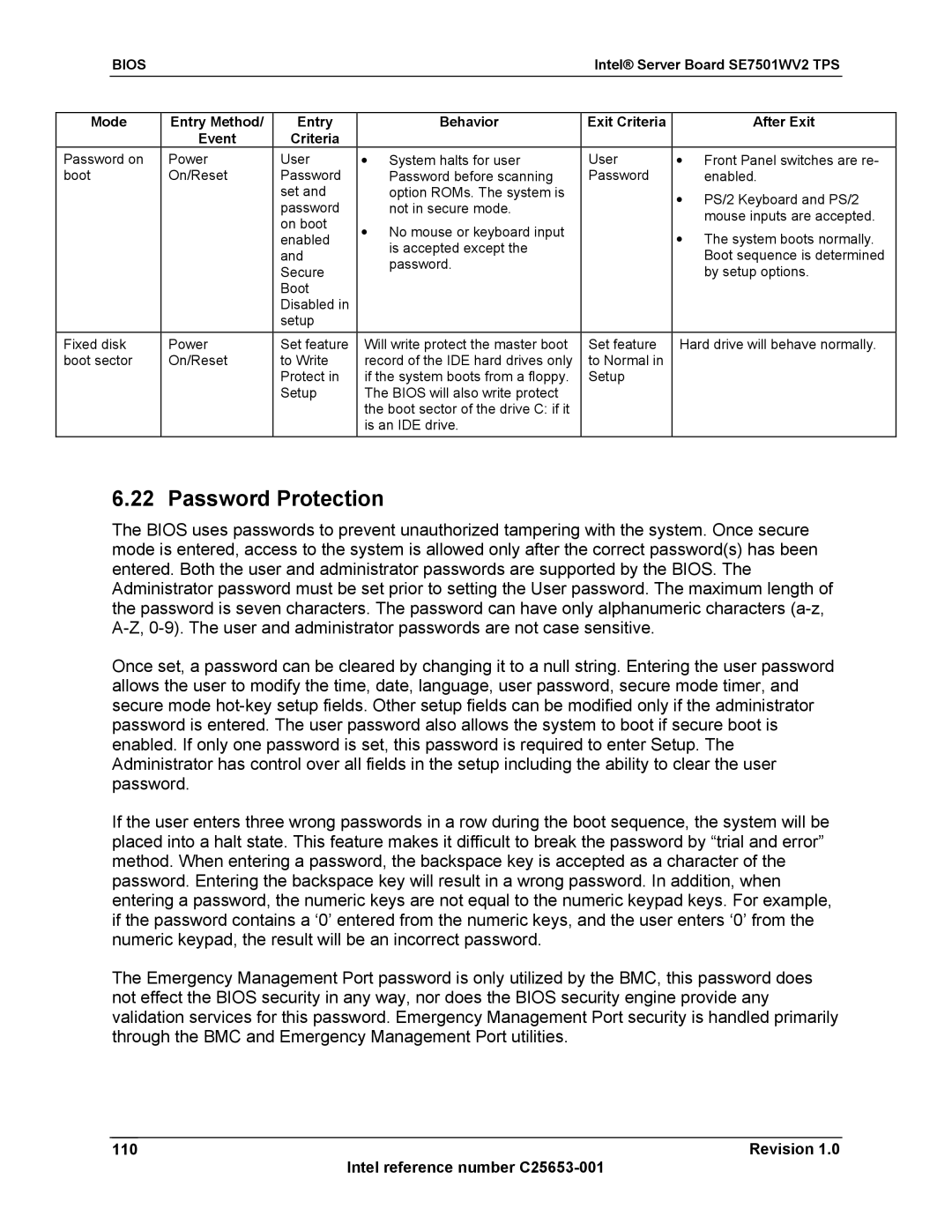 Intel SE7501WV2 manual Password Protection, Revision Intel reference number C25653-001 