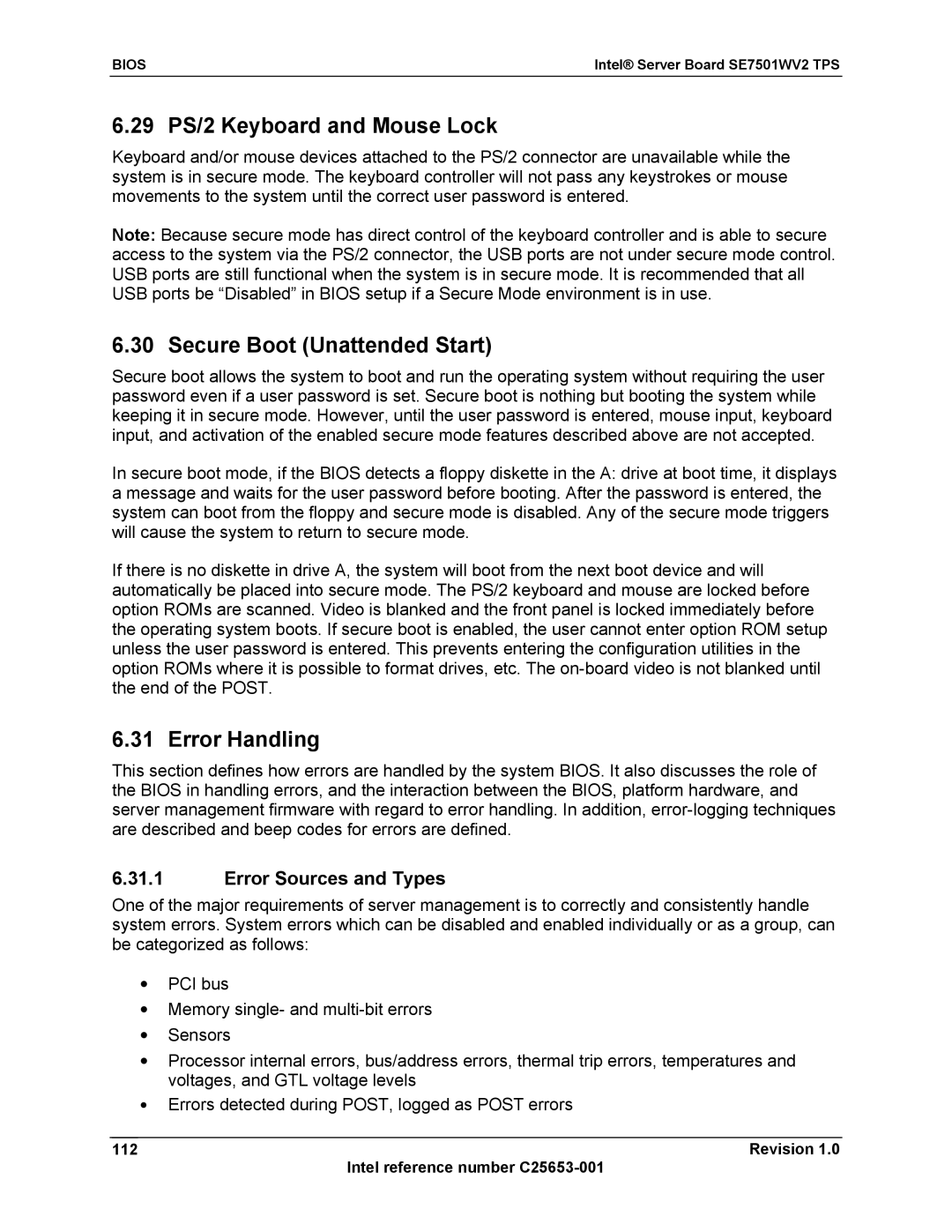 Intel SE7501WV2 manual 29 PS/2 Keyboard and Mouse Lock, Secure Boot Unattended Start, Error Handling 