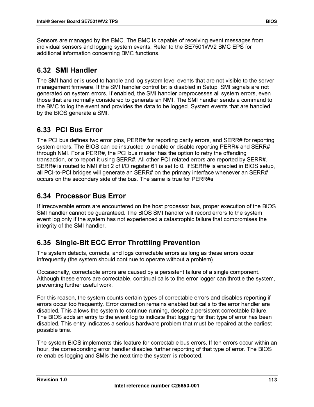 Intel SE7501WV2 manual SMI Handler, PCI Bus Error, Processor Bus Error, Single-Bit ECC Error Throttling Prevention 