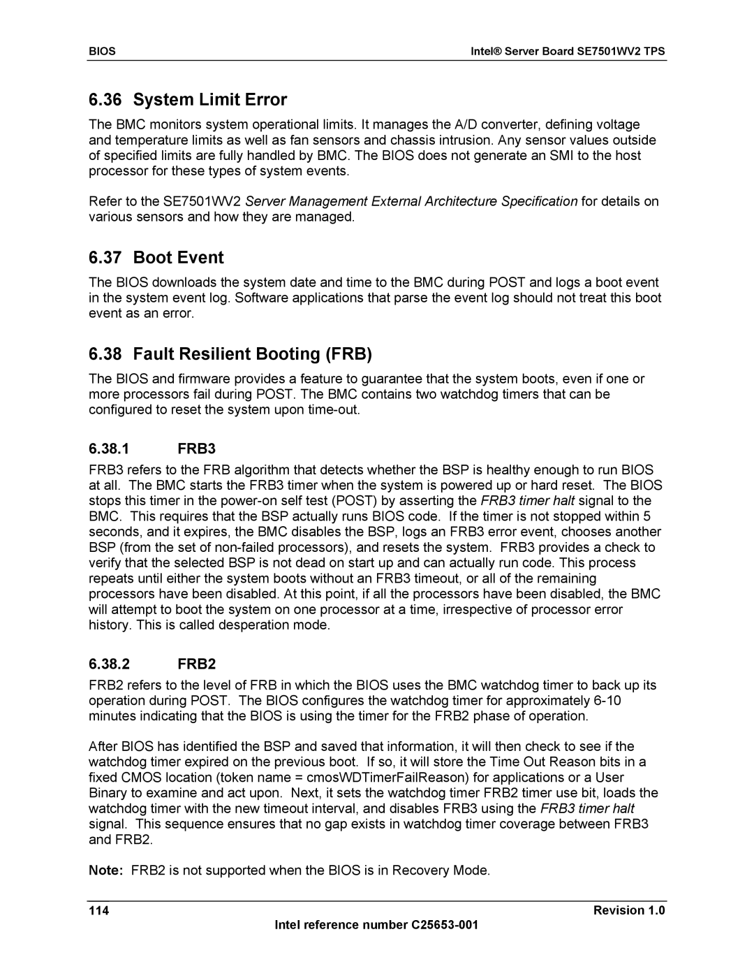 Intel SE7501WV2 manual System Limit Error, Boot Event, Fault Resilient Booting FRB, 38.1 FRB3, 38.2 FRB2 