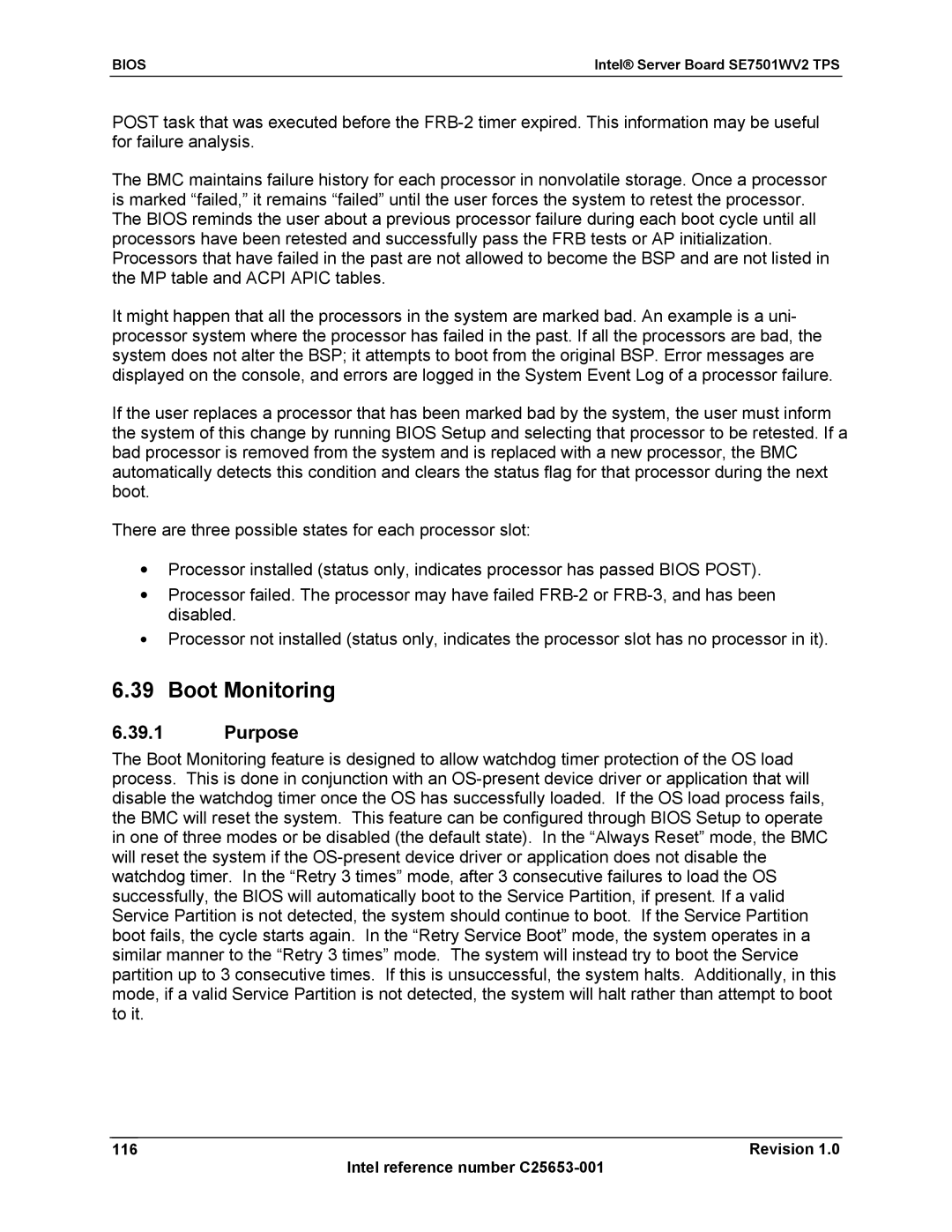 Intel SE7501WV2 manual Boot Monitoring, Purpose, Revision Intel reference number C25653-001 