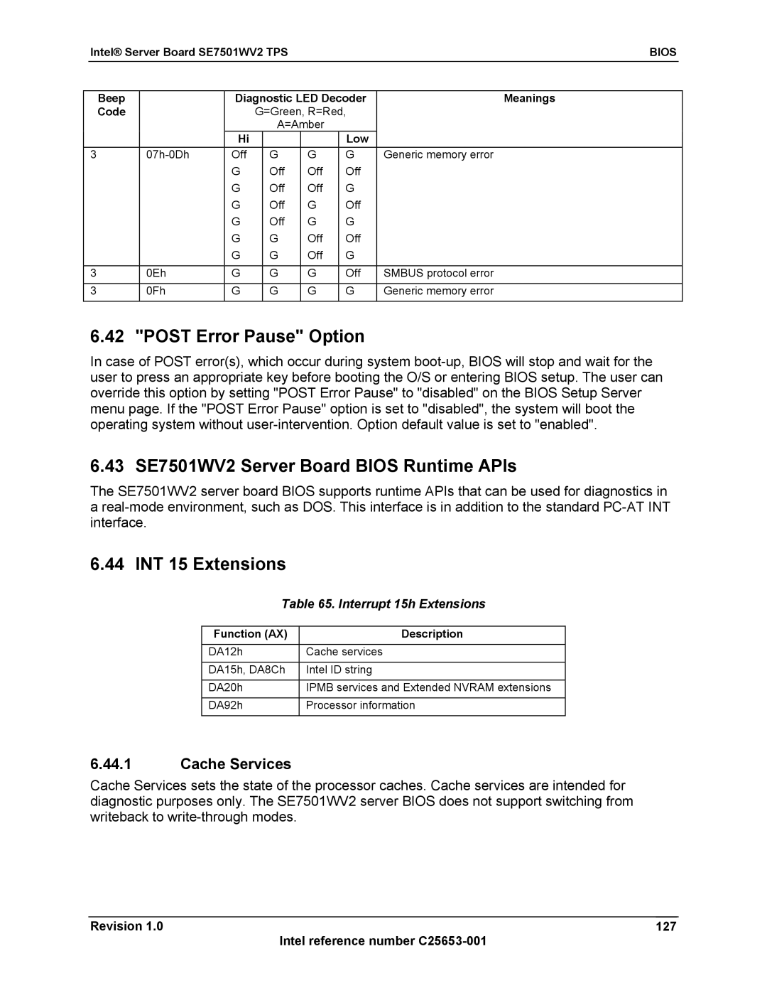 Intel manual Post Error Pause Option, 43 SE7501WV2 Server Board Bios Runtime APIs, INT 15 Extensions, Cache Services 