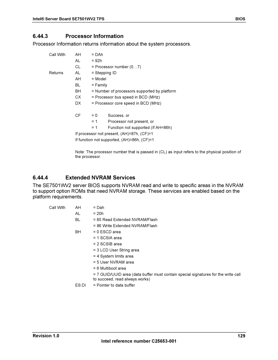 Intel SE7501WV2 manual Processor Information, Extended Nvram Services, Revision 129 Intel reference number C25653-001 