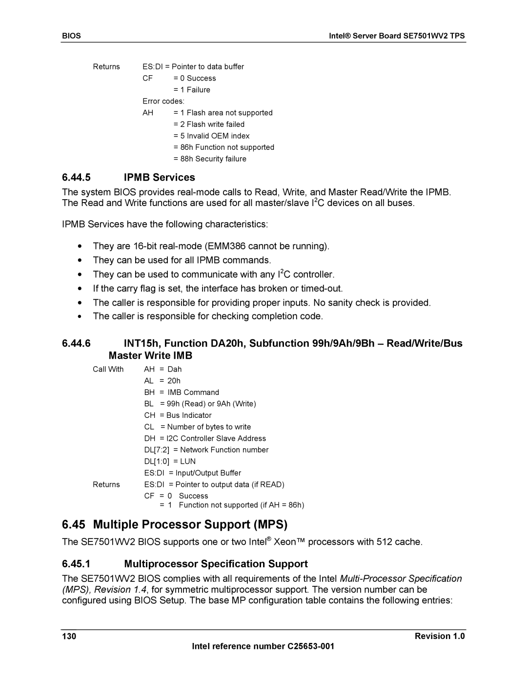 Intel SE7501WV2 manual Multiple Processor Support MPS, Ipmb Services, Multiprocessor Specification Support 