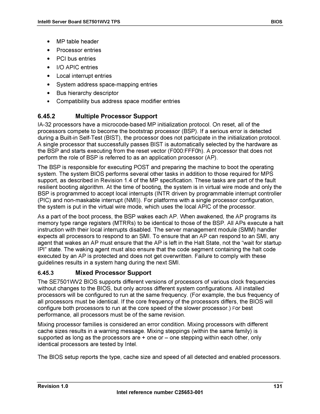 Intel SE7501WV2 manual Multiple Processor Support, Mixed Processor Support, Revision 131 Intel reference number C25653-001 