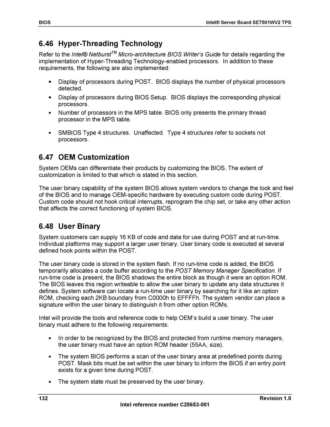 Intel SE7501WV2 Hyper-Threading Technology, OEM Customization, User Binary, Revision Intel reference number C25653-001 