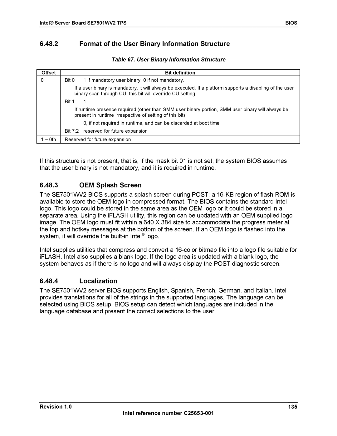 Intel SE7501WV2 manual Format of the User Binary Information Structure, OEM Splash Screen, Localization 