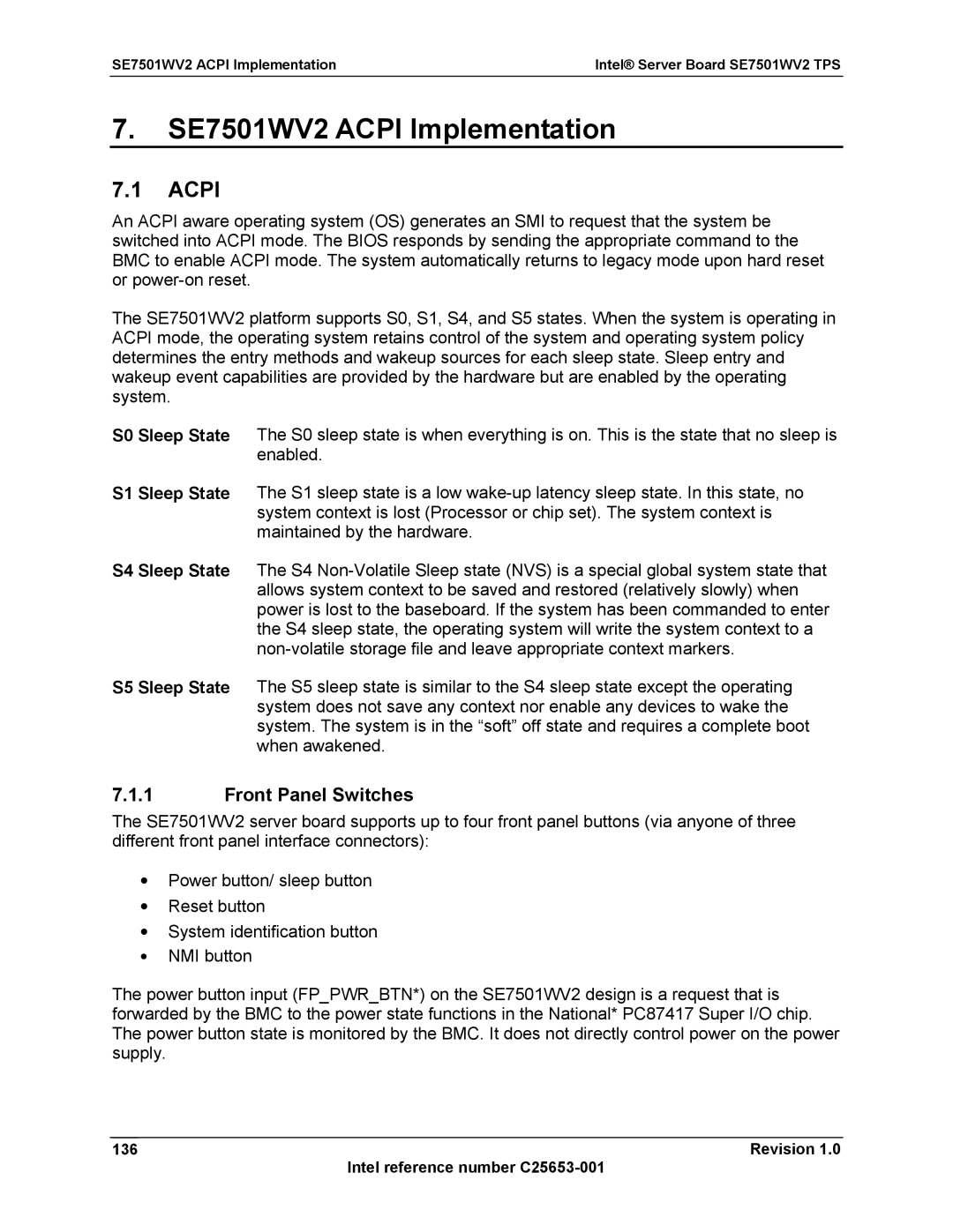 Intel SE7501WV2 manual Acpi, Revision Intel reference number C25653-001 