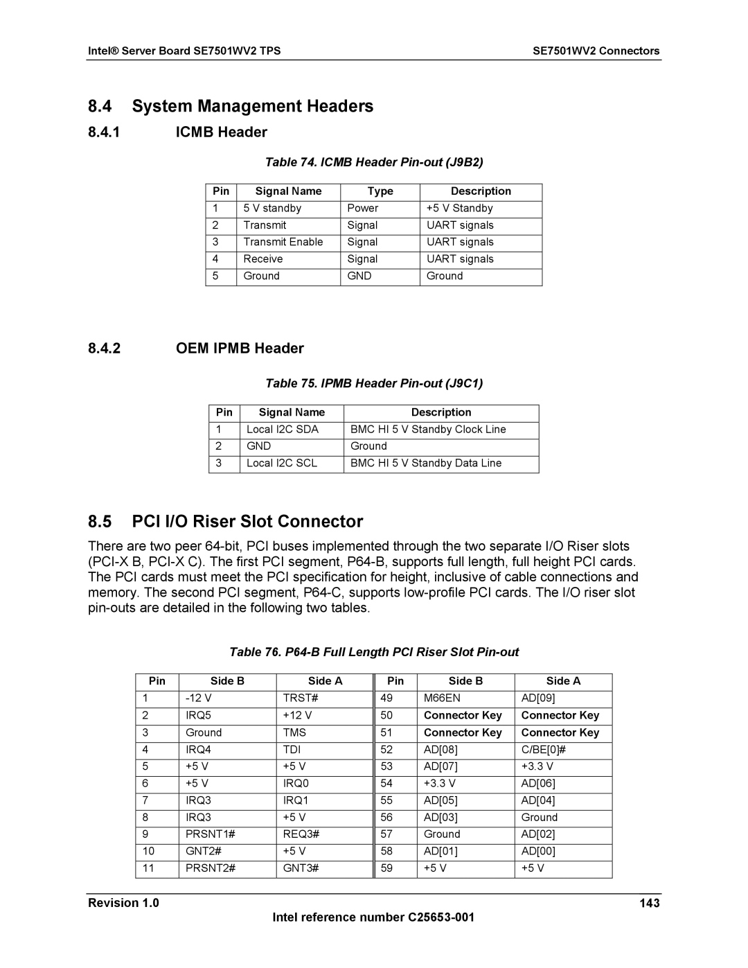 Intel SE7501WV2 manual System Management Headers, PCI I/O Riser Slot Connector, Icmb Header, OEM Ipmb Header 