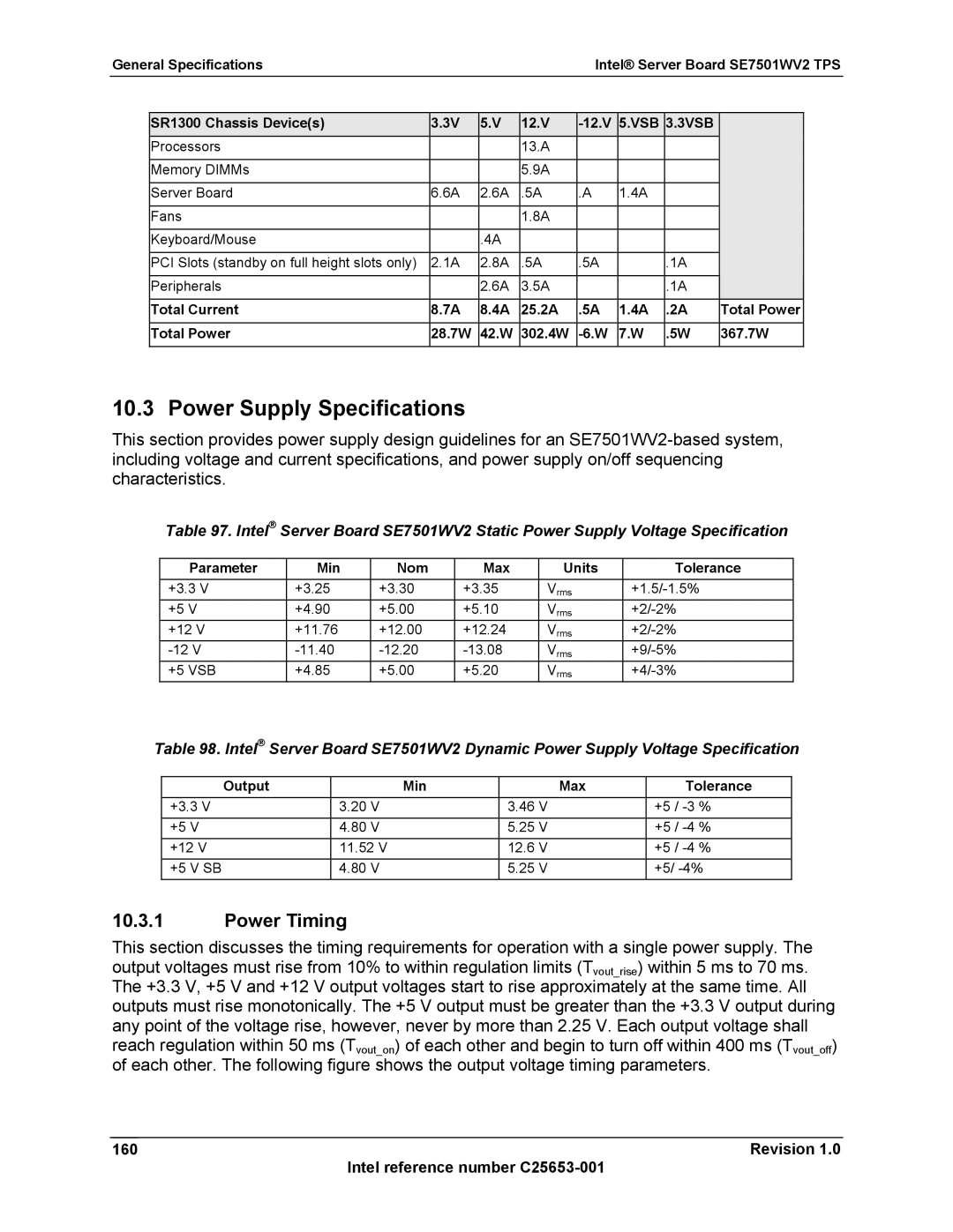 Intel SE7501WV2 manual Power Supply Specifications, Power Timing, Revision Intel reference number C25653-001 