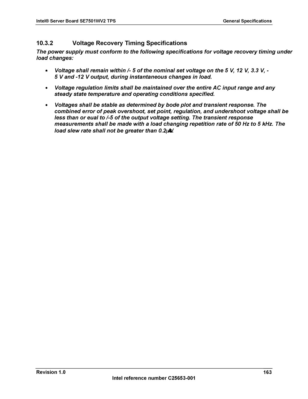 Intel SE7501WV2 manual Voltage Recovery Timing Specifications, Revision 163 Intel reference number C25653-001 