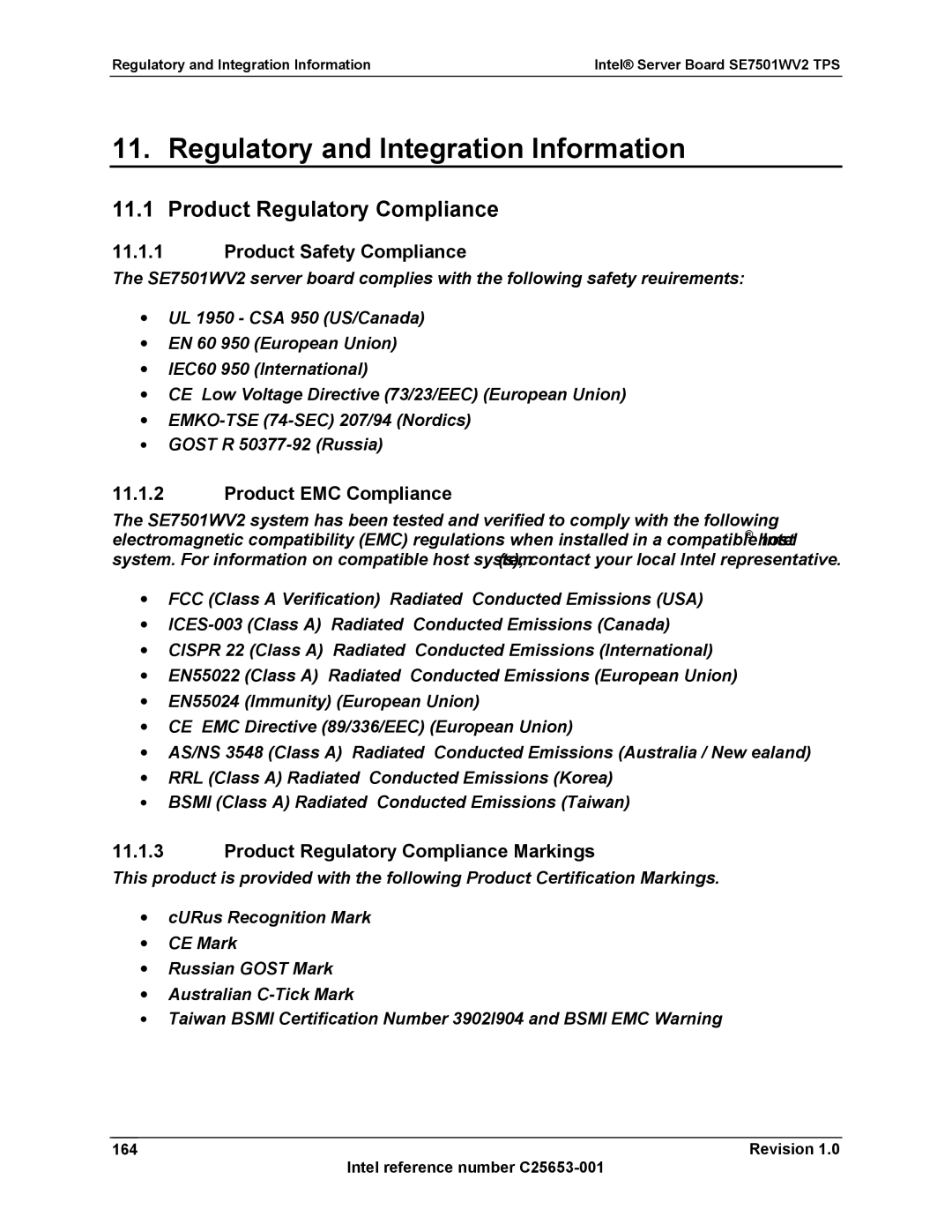 Intel SE7501WV2 manual Product Regulatory Compliance, Product Safety Compliance, Product EMC Compliance 