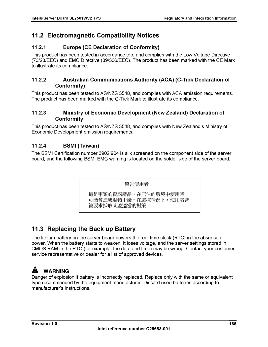 Intel SE7501WV2 Electromagnetic Compatibility Notices, Replacing the Back up Battery, Europe CE Declaration of Conformity 