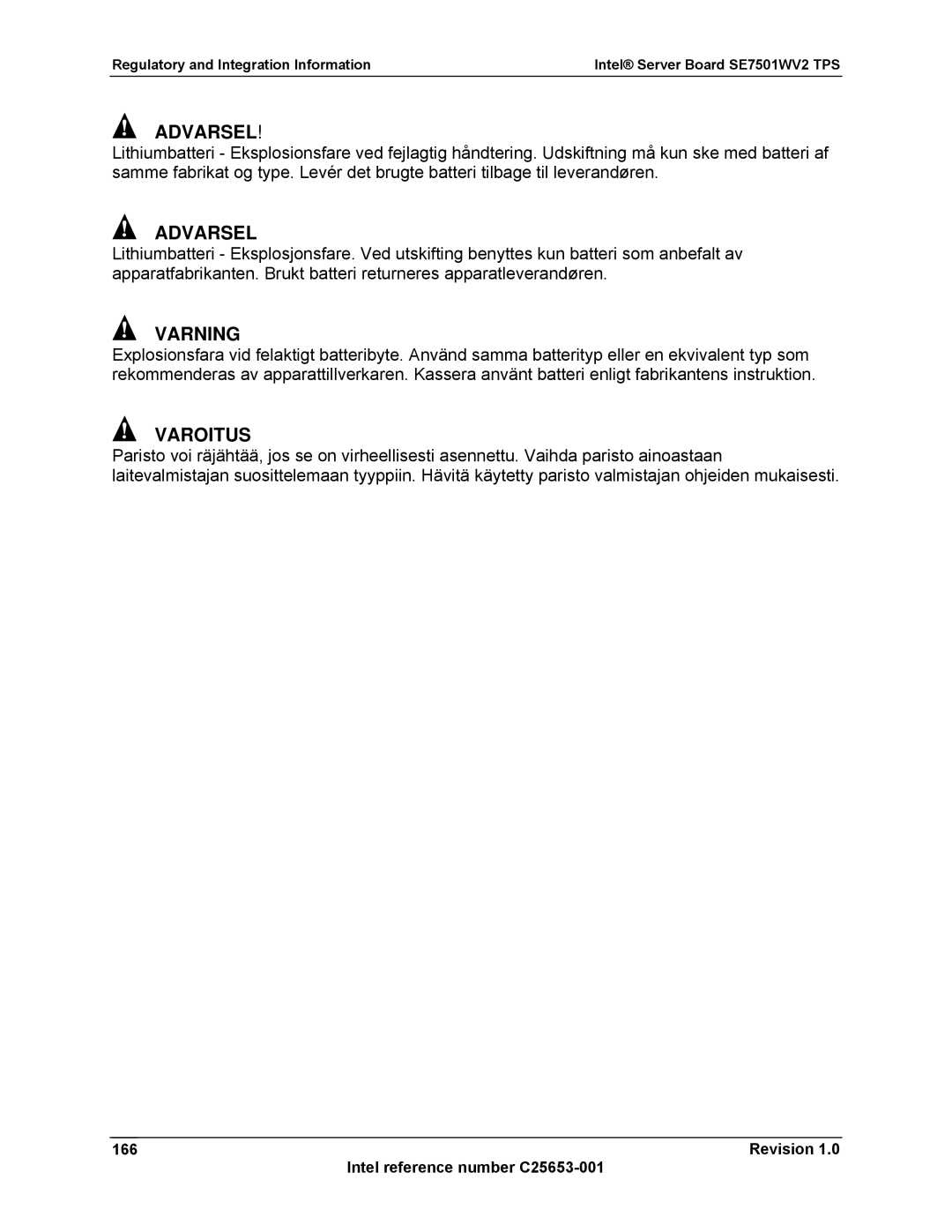 Intel SE7501WV2 manual Varning, Revision Intel reference number C25653-001 