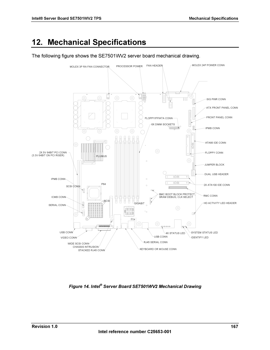 Intel manual Revision 167 Intel reference number C25653-001, Intel Server Board SE7501WV2 TPS Mechanical Specifications 