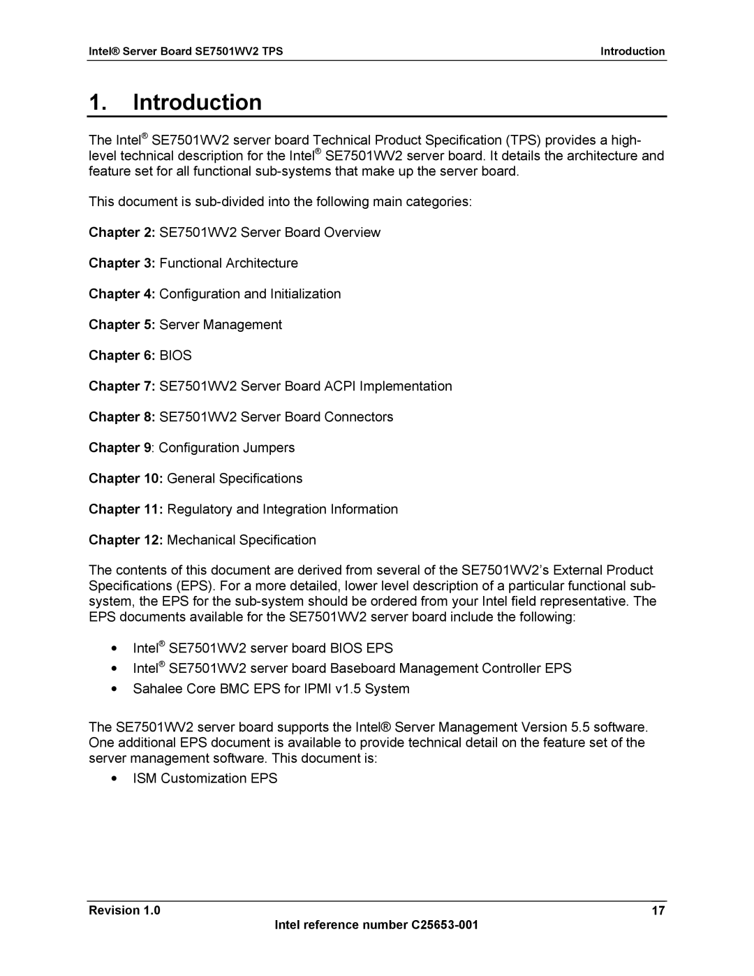 Intel manual Bios, Intel Server Board SE7501WV2 TPS Introduction 