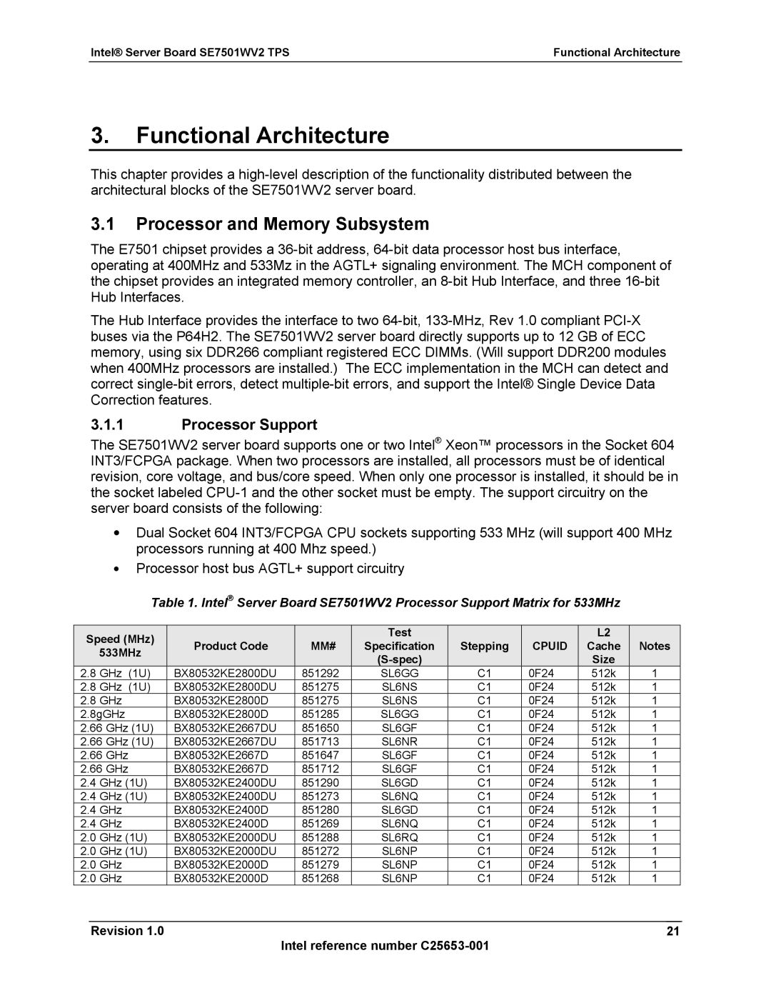 Intel SE7501WV2 manual Processor and Memory Subsystem, Processor Support 