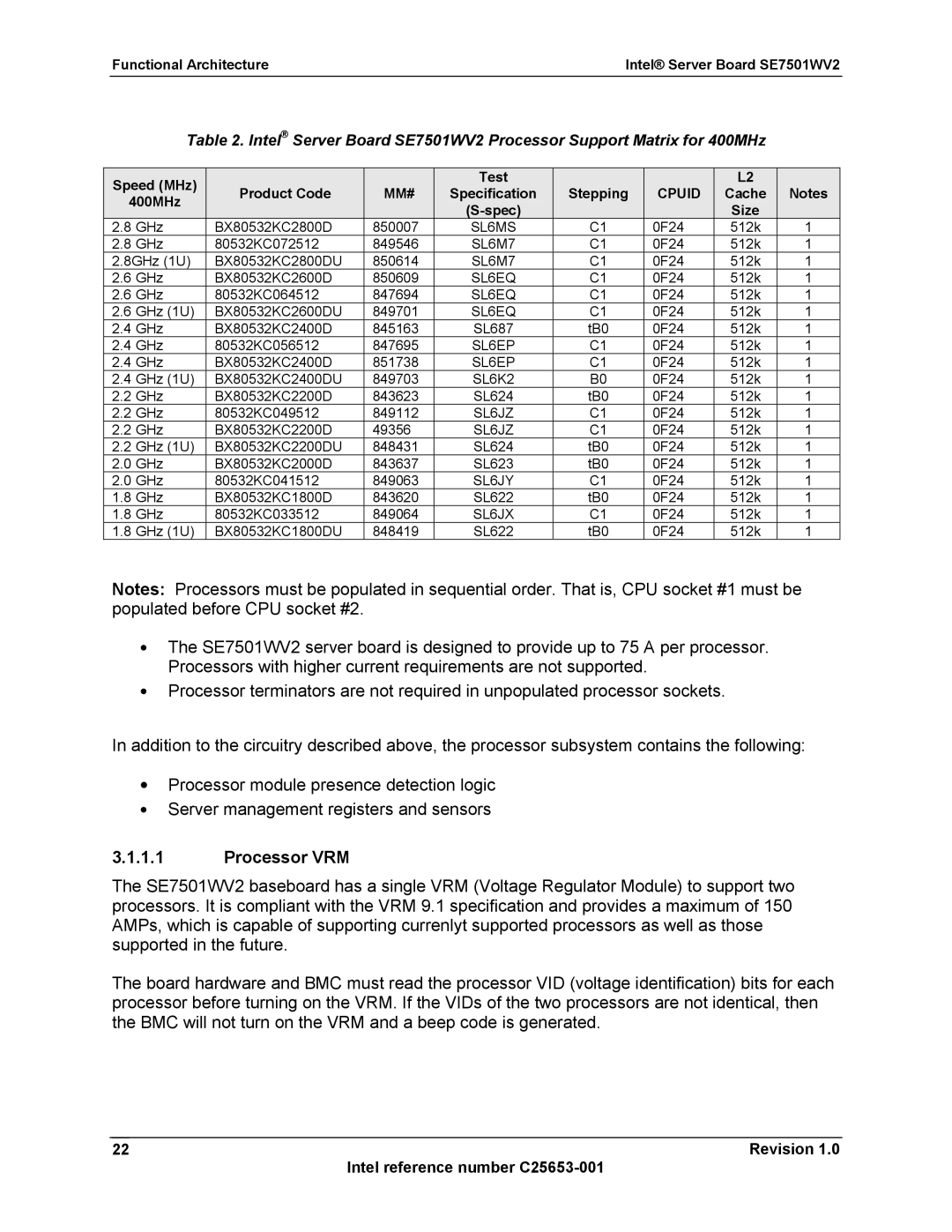 Intel manual Processor VRM, Functional Architecture Intel Server Board SE7501WV2, Cache 400MHz Spec Size 