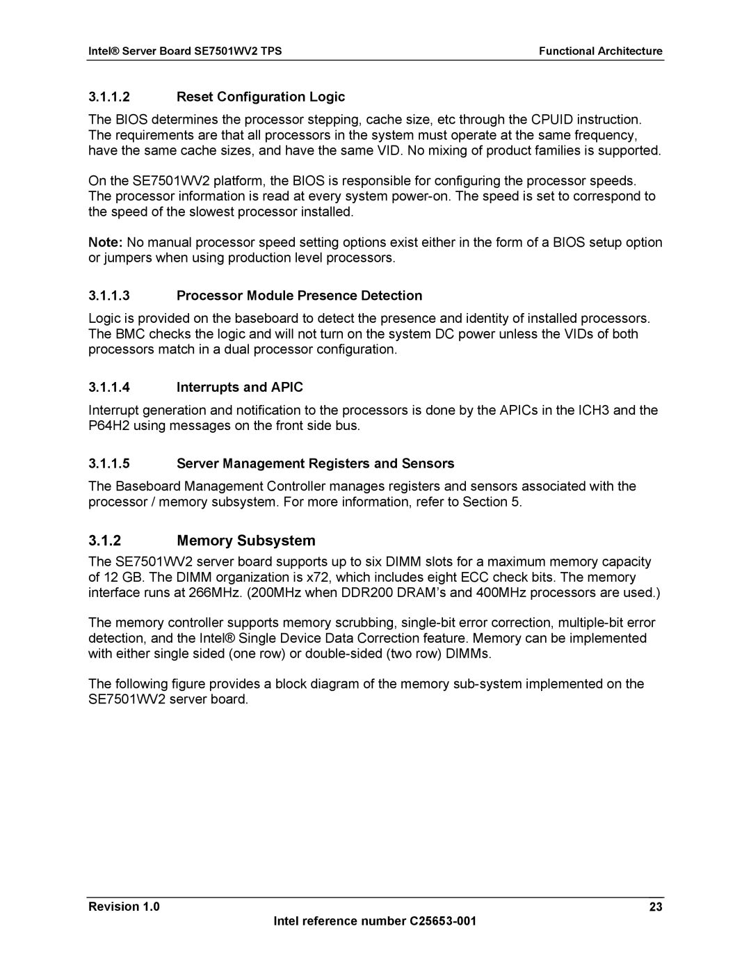 Intel SE7501WV2 Memory Subsystem, Reset Configuration Logic, Processor Module Presence Detection, Interrupts and Apic 