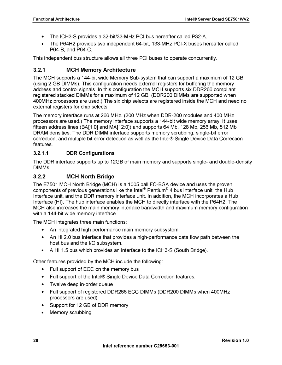 Intel SE7501WV2 manual MCH Memory Architecture, MCH North Bridge, DDR Configurations 