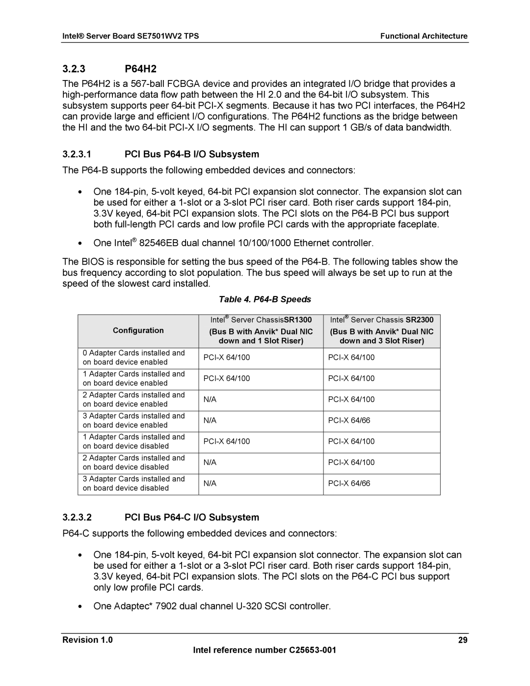 Intel SE7501WV2 manual 3 P64H2, PCI Bus P64-B I/O Subsystem, PCI Bus P64-C I/O Subsystem, P64-B Speeds, Configuration 