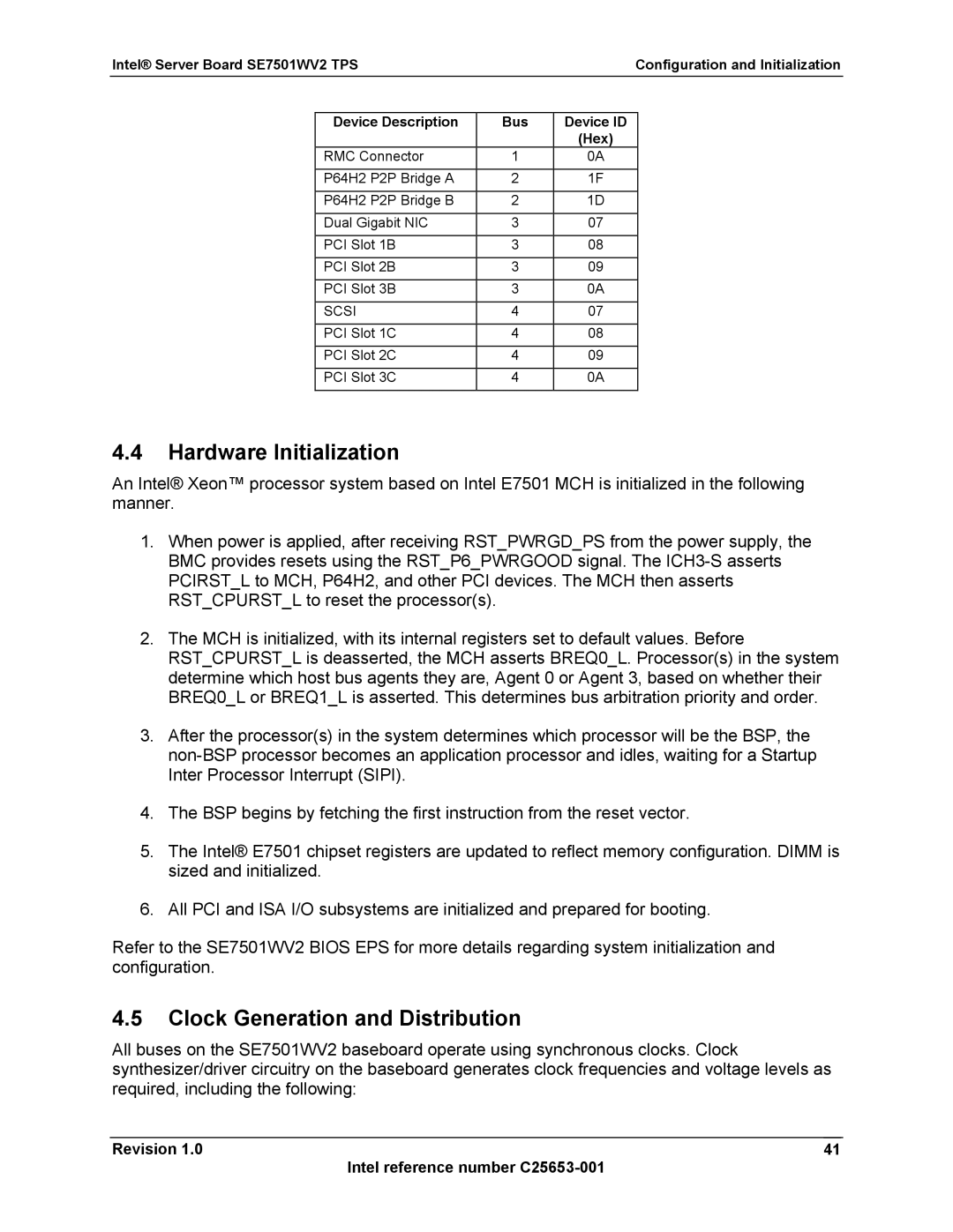 Intel SE7501WV2 manual Hardware Initialization, Clock Generation and Distribution, Scsi 