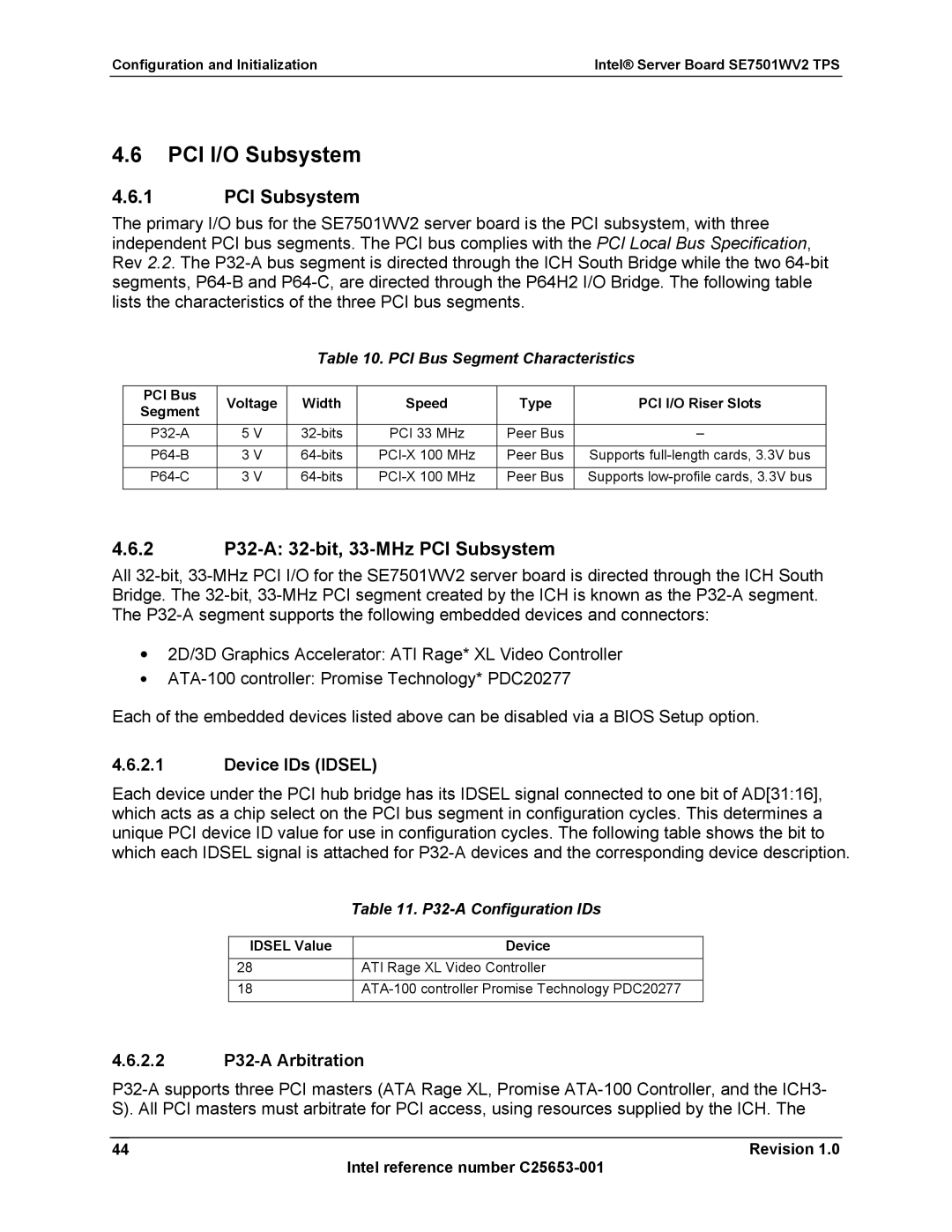 Intel SE7501WV2 manual PCI I/O Subsystem, 2 P32-A 32-bit, 33-MHz PCI Subsystem, Device IDs Idsel, 2.2 P32-A Arbitration 