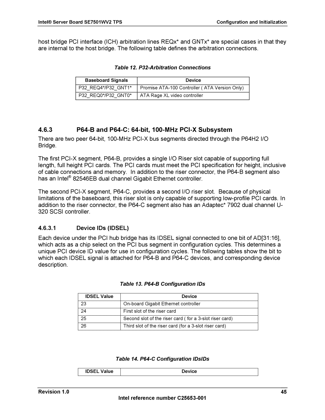 Intel SE7501WV2 3 P64-B and P64-C 64-bit, 100-MHz PCI-X Subsystem, P32-Arbitration Connections, P64-B Configuration IDs 