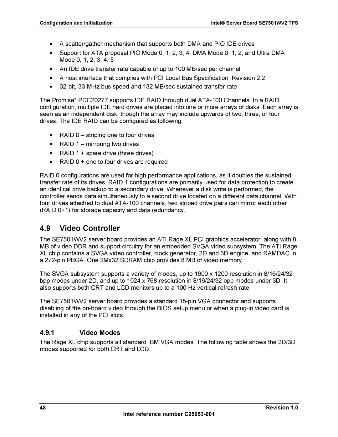 Intel SE7501WV2 manual Video Controller, Video Modes 