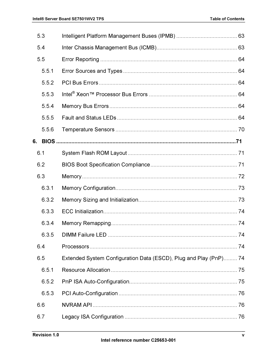 Intel manual Revision Intel reference number C25653-001, Intel Server Board SE7501WV2 TPS Table of Contents, Bios 