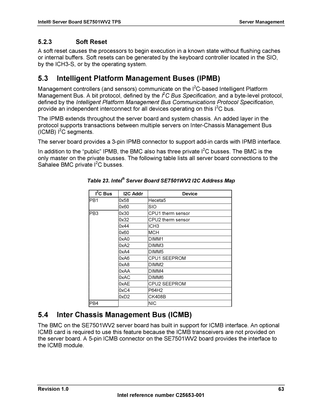 Intel SE7501WV2 manual Intelligent Platform Management Buses Ipmb, Inter Chassis Management Bus Icmb, Soft Reset 