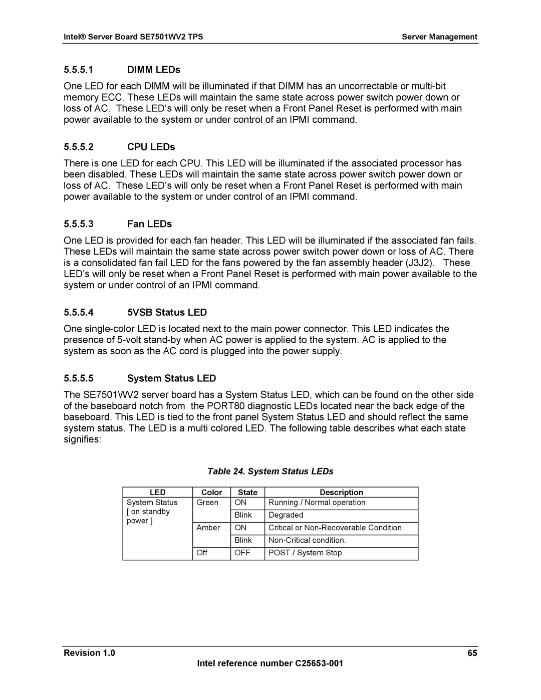 Intel SE7501WV2 manual Dimm LEDs, CPU LEDs, Fan LEDs, 5.4 5VSB Status LED, System Status LED 
