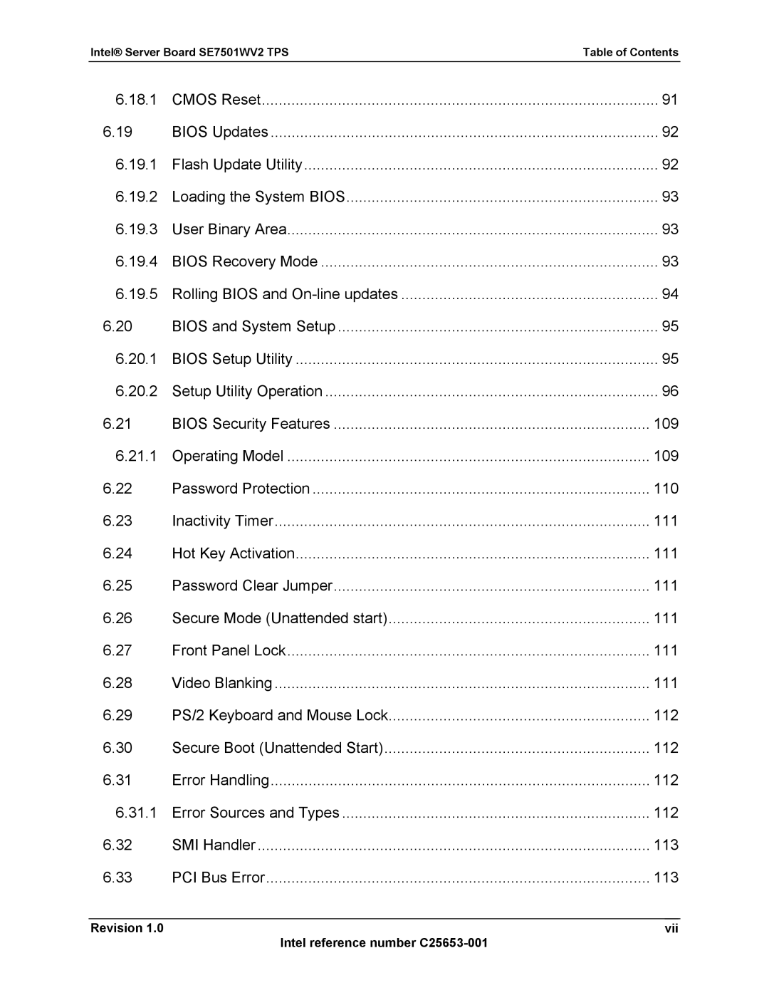 Intel SE7501WV2 manual Revision Vii Intel reference number C25653-001 