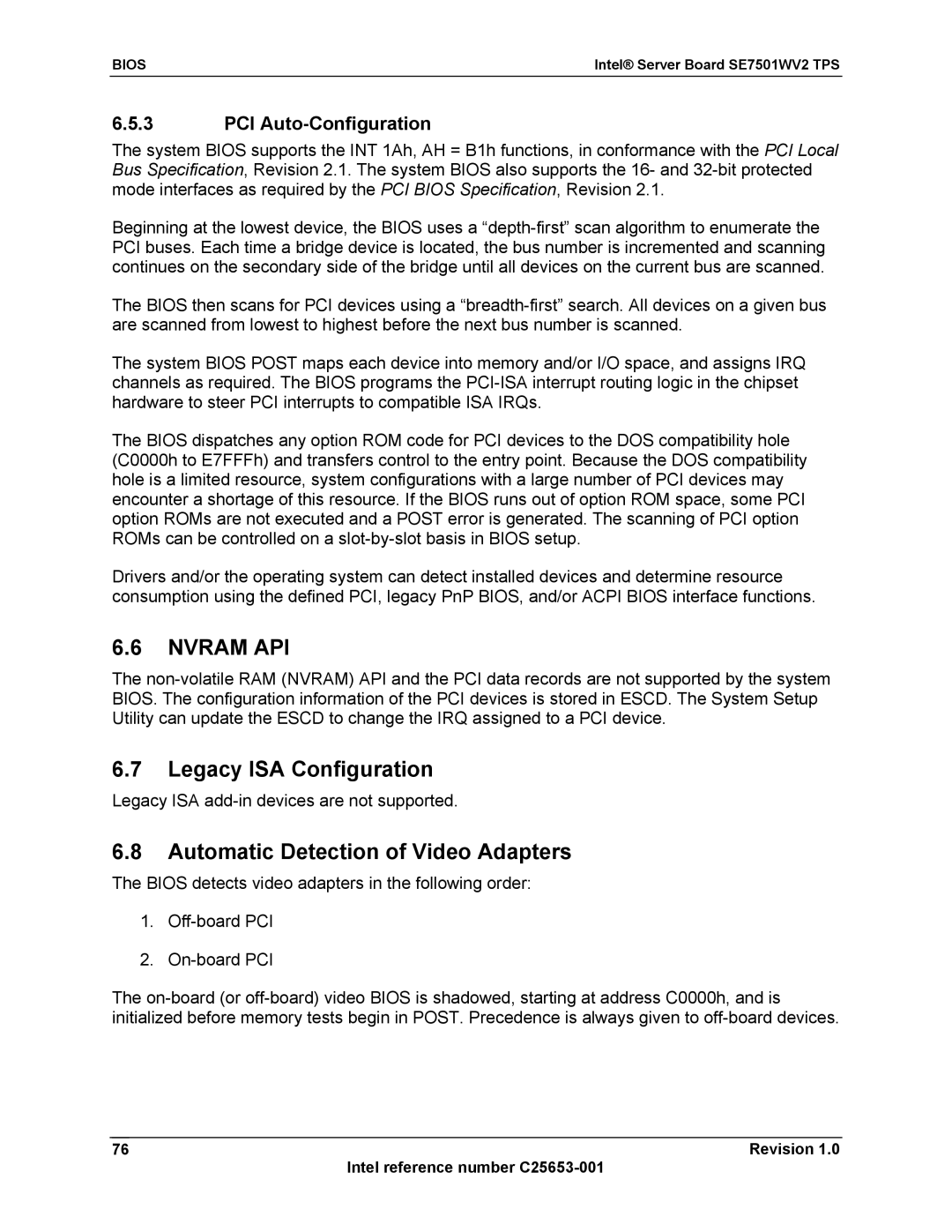 Intel SE7501WV2 manual Legacy ISA Configuration, Automatic Detection of Video Adapters, PCI Auto-Configuration 