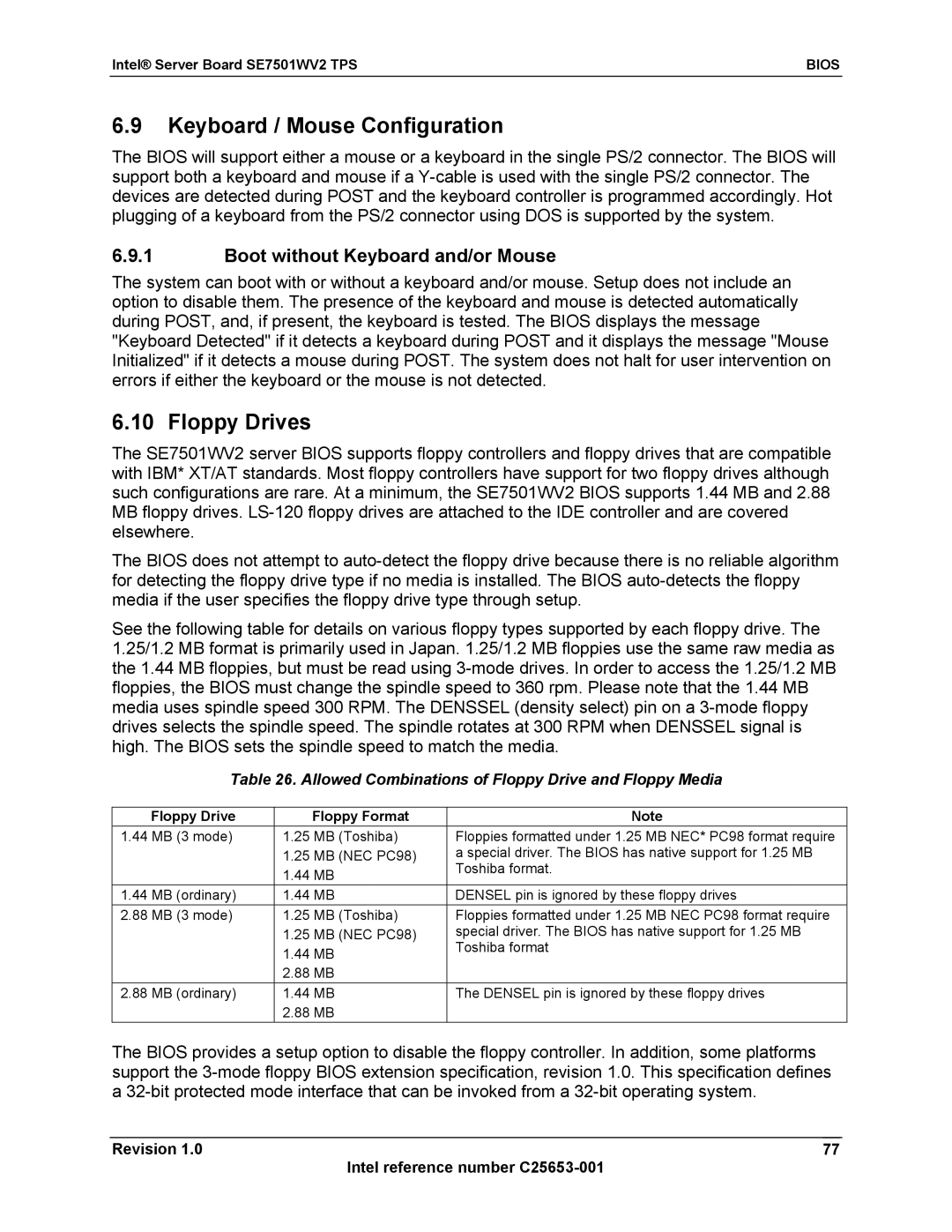 Intel SE7501WV2 manual Keyboard / Mouse Configuration, Floppy Drives, Boot without Keyboard and/or Mouse 