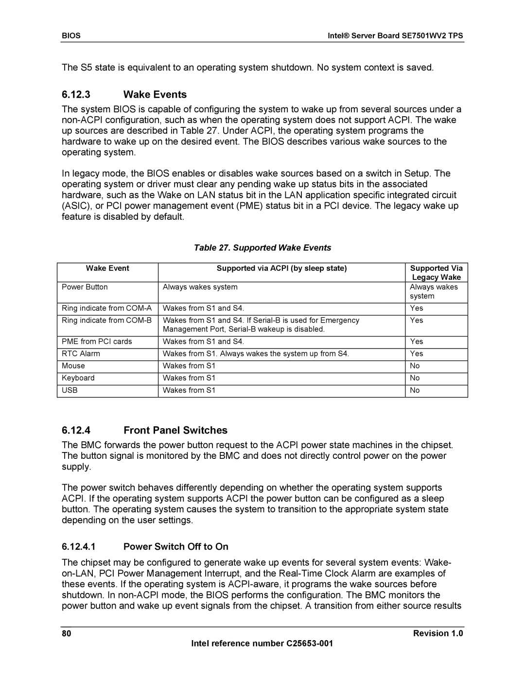 Intel SE7501WV2 manual Front Panel Switches, Power Switch Off to On, Supported Wake Events, Usb 