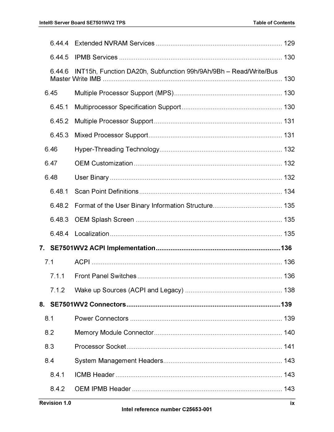 Intel manual SE7501WV2 Acpi Implementation 136, SE7501WV2 Connectors 139 