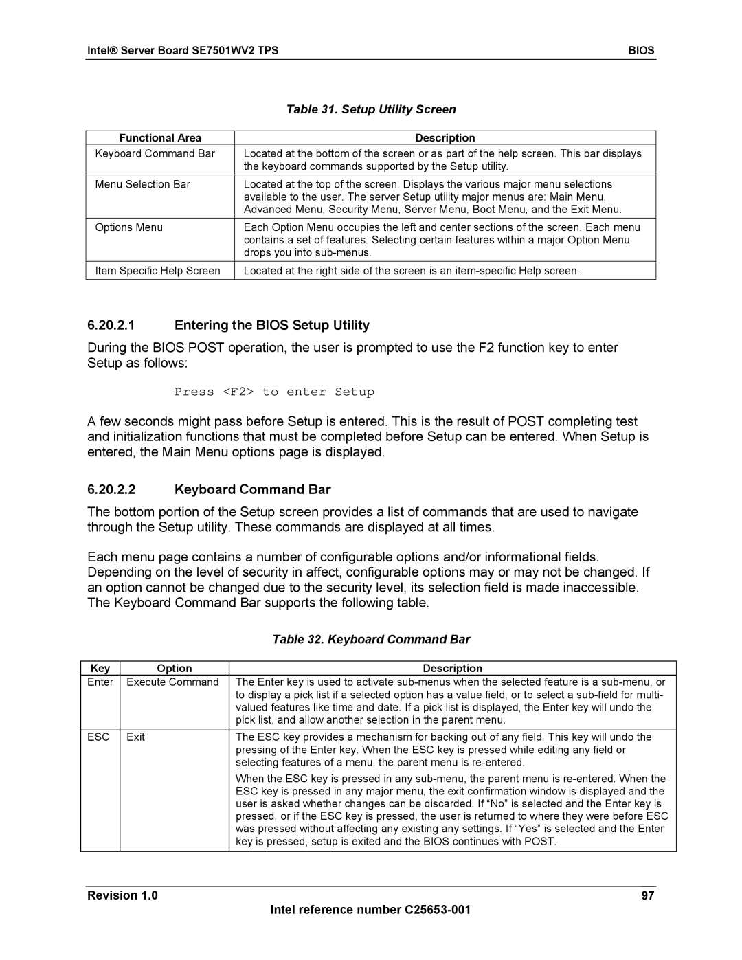 Intel SE7501WV2 manual Entering the Bios Setup Utility, Keyboard Command Bar, Setup Utility Screen 